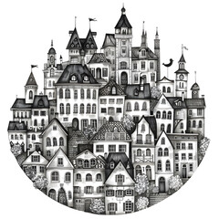 Obraz premium Hand drawn of cozy city, black graphic line design