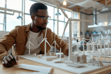 A male engineer works with a mock-up of wind turbines, a source of alternative energy, working in his office - obrazy, fototapety, plakaty