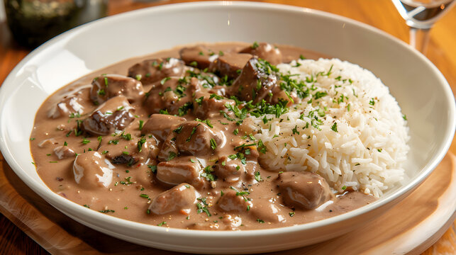 Beef stroganoff with rice garnished with parsley