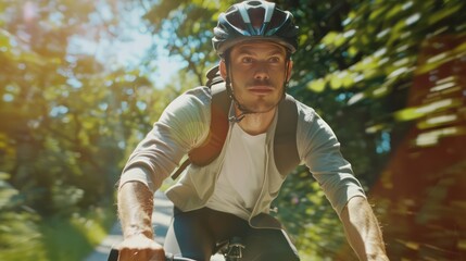 portrait of a man riding a bike, sport clothing and protective helmet  in a sunny day 