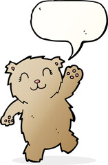 cartoon waving teddy bear with speech bubble