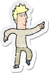 retro distressed sticker of a cartoon worried man pointing
