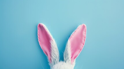 Easter background with bunny pink ears on blue background copy space