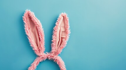 Easter background with bunny pink ears on blue background copy space