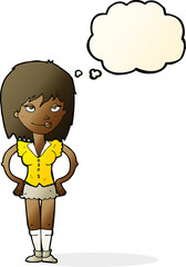 cartoon woman with hands on hips with thought bubble