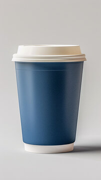 A blue coffee cup with a white lid against a light brown background.