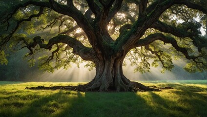 A majestic elder oak tree, gracefully intertwined with vibrant foliage , stands tall amidst a tranquil forest