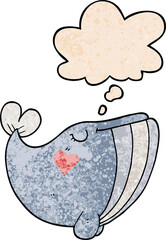 cartoon whale with love heart and thought bubble in grunge texture pattern style