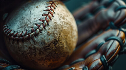Baseball inside an old worn out leather baseball glove