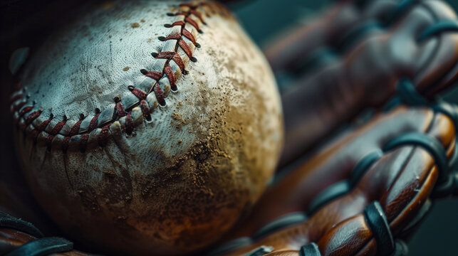 Baseball inside an old worn out leather baseball glove