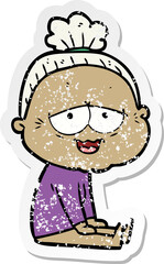 distressed sticker of a cartoon happy old lady