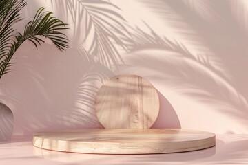 a round wooden platform with a palm tree shadow on a pink wall - obrazy, fototapety, plakaty