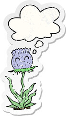 cartoon thistle and thought bubble as a distressed worn sticker