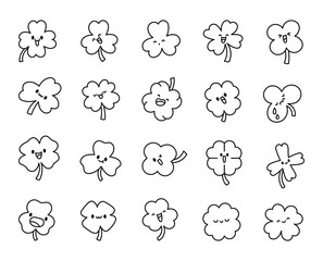 Cute kawaii lucky clover. Coloring Page. Cartoon funny characters. Hand drawn style. Vector drawing. Collection of design elements.