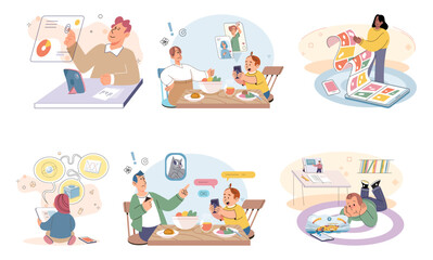 Kids with phone. Vector illustration. The use digital devices, including smartphones, shapes kids learning experiences Kids attachment to their phones raises concerns about their offline interactions