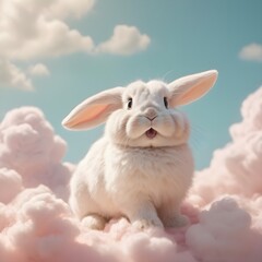 Super adorable cute little happy bunny sitting on fluffy clouds