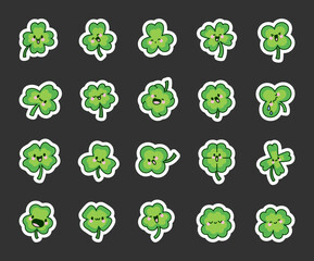 Cute kawaii lucky clover. Sticker Bookmark. Cartoon funny characters. Hand drawn style. Vector drawing. Collection of design elements.