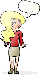 cartoon woman shrugging shoulders with speech bubble