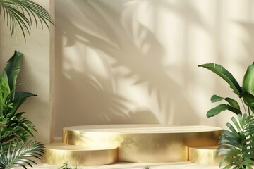 white marble Podium stand studio room luxury gold color background 3d pedestal platform background. Premium golden light scene luxurious style floor stage modern mockup base. vase tree leaf shadow 