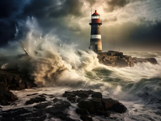 Fototapeta na wymiar Lighthouse in Storm, Stormy Ocean Landscape and Lighthouse