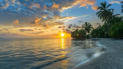 Tropical beach at sunset with calm ocean waves
