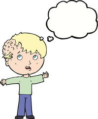cartoon boy with growth on head with thought bubble