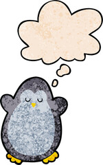 cartoon penguin and thought bubble in grunge texture pattern style