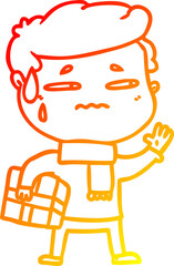 warm gradient line drawing cartoon anxious man with christmas gift
