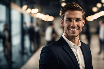 smiling handsome businessman standing in front of team, at meeting room office, smiling at camera	 - 751477140