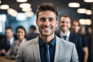 smiling handsome businessman standing in front of team, at meeting room office, smiling at camera	 - 751477142