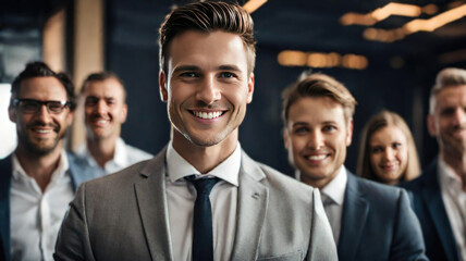 smiling handsome businessman standing in front of team, at meeting room office, smiling at camera	 - 751477145