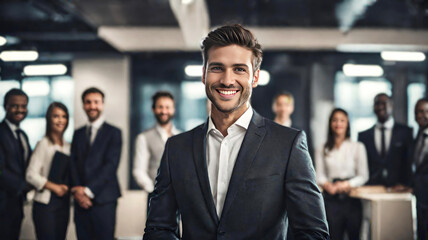 smiling handsome businessman standing in front of team, at meeting room office, smiling at camera	 - 751477160