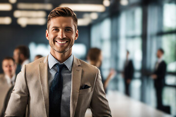 smiling handsome businessman standing in front of team, at meeting room office, smiling at camera	 - 751477176