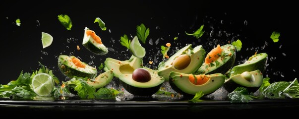 Fresh ripe avocados slides for bread avocado spread,  food bannner. Generative Ai.