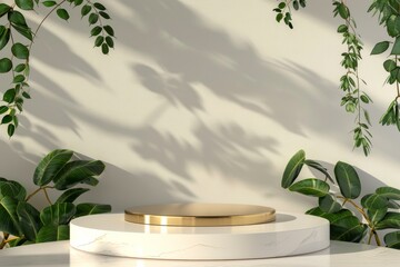 white marble Podium stand studio room luxury gold color background 3d pedestal platform background....