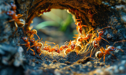 Inside of fire ant's nest and the colony working together to build their home