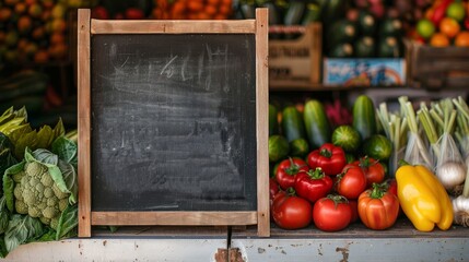 Regional organic shop / farmers market, vegetarian, vegan food background - Empty chalkboard on table, fresh healthy vegetables in the background