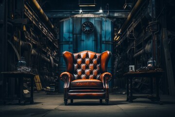 a leather chair in a room with a blue tank and pipes