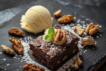 a brownie with ice cream and nuts - obrazy, fototapety, plakaty