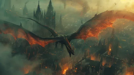 Rolgordijnen fantasy illustration of dragon under the city  © Kateryna Kordubailo