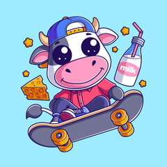 Cute cow skateboarding with milk and cheese