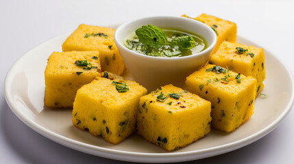 Steamed Besan Dhokla with Mint Chutney, a Gujarati Snack