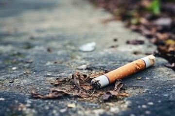 Smoldering cigarette amidst dry leaves on urban pavement, highlighting pollution and health dangers. Smoldering Cigarette in Urban Setting