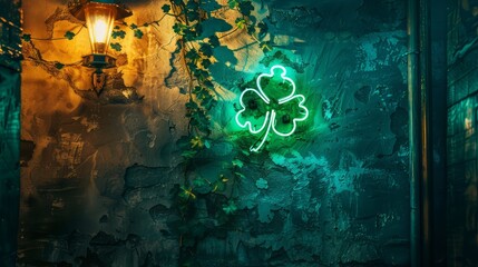 Neon sign of clover leaves in green color on a old rustic wall in with copy space