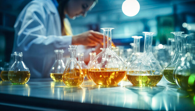Close-up of a chemist analyzing a yellow liquid in a round bottom flask in a laboratory with other flasks in the background