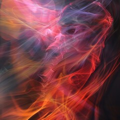 Abstract swirls of red, orange, and purple smoke against a black background.