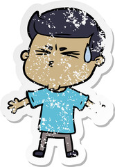 distressed sticker of a cartoon man sweating