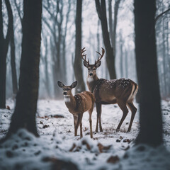 Hirsch im verschneiten Wald