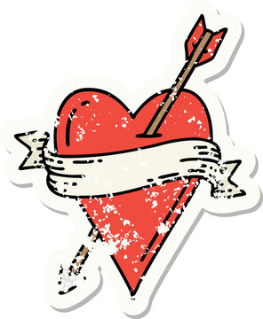 traditional distressed sticker tattoo of an arrow heart and banner