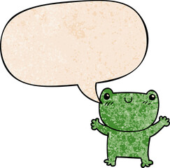 cartoon frog and speech bubble in retro texture style